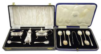Five piece condiment set by Adie Bros Birmingham 1961 and a set of six coffee spoons and sugar nips
