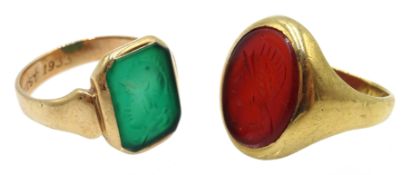 9ct gold jade seal signet ring inscribed 18th August 1933 and a 9ct gold cornelian seal ring