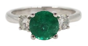 18ct white gold round emerald and diamond three stone ring hallmarked, emerald approx 1.