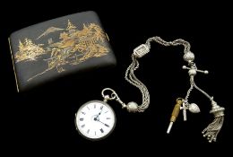 Continental silver fob watch stamped 800 with Albertina chain and key and a Japanese damascene