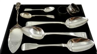 Pair of George IV silver table spoons by Jonathan Hayne 1823, other spoons,