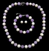 Silver amethyst and pearl bead necklace and matching bracelet,