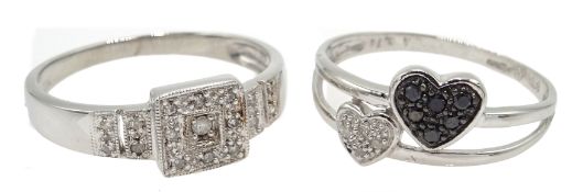 Black and white diamond heart white gold ring and a square rim set diamond white gold ring both