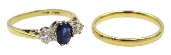 18ct gold three stone oval sapphire and round brilliant cut diamond ring,