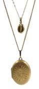 9ct gold locket pendant necklace and a 9ct gold coffee bean pendant necklace, hallmarked or stamped,