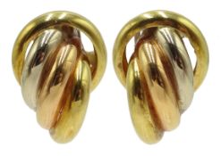 Pair of tri-colour 18ct gold knot ear-rings stamped 750, 8.