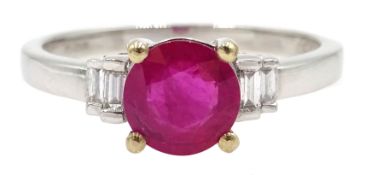 White gold round ruby ring, with baguette diamond shoulders, hallmarked 18ct, ruby approx 0.