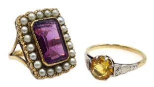Rose gold emerald cut amethyst and seed pearl ring and gold round citrine ring,