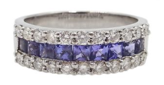 White gold tanzanite and diamond three row half eternity ring, tested 18ct, tanzanites 0.