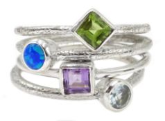 Silver peridot, amethyst, aquamarine and opal ring,