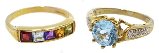 9ct gold multi-gem stone ring hallmarked and a gold topaz and diamond ring stamped 9ct