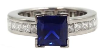 18ct white gold square cut sapphire ring with channel set diamond shank,