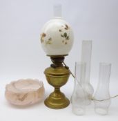 Victorian brass oil lamp with floral painted opaque shade & funnel H52cm (converted to electric),