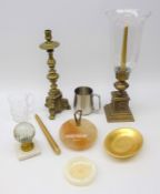 Regency style storm lantern on cast brass base, H43cm similar style brass candlestick,