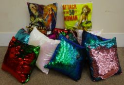 Eleven sequin embellished cushions (one sided,