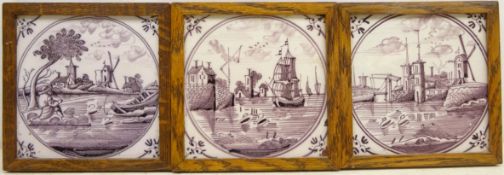 Three 18th century Delft Manganese tiles painted with buildings and figures in landscapes within