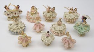 Eleven small Dresden crinoline ballerina figures and other similar ladies H13cm max(11)