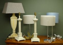 Pair painted metal Corinthian Column table lamps and silhouette carved wooden table lamp with shade,