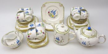 Art Deco Plant Tuscan China tea service comprising teapot, hot water pot, twelve trios,