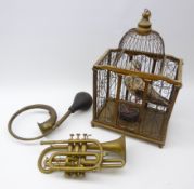 Contemporary hanging wire framed bird cage, H50cm containing a carved model of a Seagull,