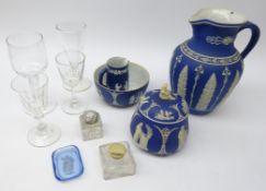 Victorian jasperware jug applied with ferns and bluebells, Wedgwood Jasperware bowl & cover,