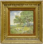 19th/ early 20th century tile painted with a lady and sheep in rural landscape within gilt frame,