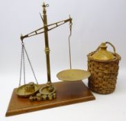 W & T Avery brass balance scales to weight 2lbs H64cm, with coin,