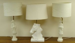 Pair carved alabaster table lamps modelled as Chinese sage figures (H66cm overall) and a similar