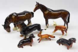 Two Beswick Dachshunds, Fox, Hereford Calf and Shire Horse,