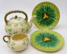 Belleek teapot & milk decorated in the Shamrock pattern with naturalistic handle (2nd period black