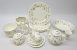 Wedgwood Rosehip pattern tea for two, six dinner plates, oval serving dish, small posy vase,