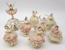 Eight Dresden crinoline Ballerinas, one mounted on pierced musical base,