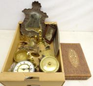 Early 20th century shaped copper wall mirror, 19th century brass candlesticks, oak biscuit barrel,