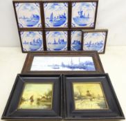 Pair hand-painted Dutch tiles, initialled & framed, 24.5cm x 24.