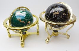 Celestial & Terrestrial gemstone inlaid Globes on polished brass stands,