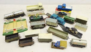 Mercedez-Benz L408D die-cast model vehicle with box, Hornby Dublo rail crossing,