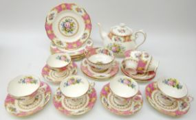 Royal Albert Lady Carlyle tea set comprising teapot, seven cups & saucers, six plates, soup bowl,