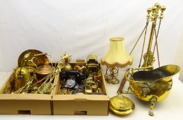 Collection of brassware incl pineapple shaped vessel, model of a greyhound, railway type lantern,