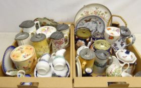 Collection of Victorian and later jugs with pewter lids, Imari pattern and other biscuit barrels,