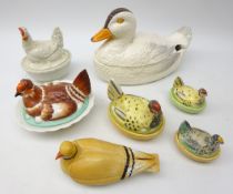 Three 19th century small Hen on Nests, L14cm max, Portugese Duck tureen,