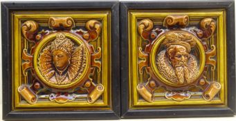 Pair Victorian Wedgwood portrait tiles,