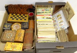 Collection of treen boxes, two Japanese Lacquer style boxes, folding chess set,