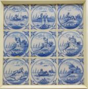 Set of nine 18th century blue Delft tiles painted with buildings,