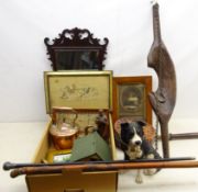 Victorian ebonised walking cane with silver grip, wooden Dairy Yoke, pierced copper warming pan,