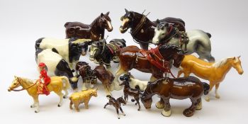 Beswick Palomino Horse, two Beswick bay foals, ceramic Shire Horses, mostly with harnesses,