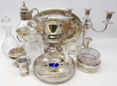 Collection of silver-plate including campana shaped wine cooler, three piece Mappin & Webb cruet,