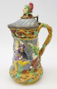 Victorian Minton Majolica 'Tower' flagon, with Jester finial,