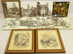 Set of four Mintons China Works Village Life tiles designed by William Wise,