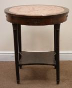 Early 20th century French oak marble top centre table, four turned supports joined by undertier,