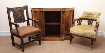 Victorian inlaid walnut chiffonier sideboard, marble top, two cupboards flanking single shelf,